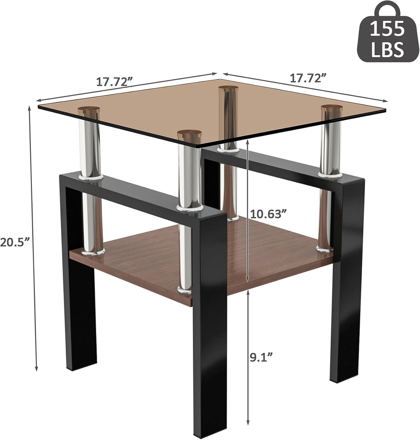 Glass Side Table Set of 2, Small 2-Tier End Table with Tempered Glass Top and Metal Legs, Clear Small Corner Table for Living Room, Bedroom, Apartment (Brown+Black)