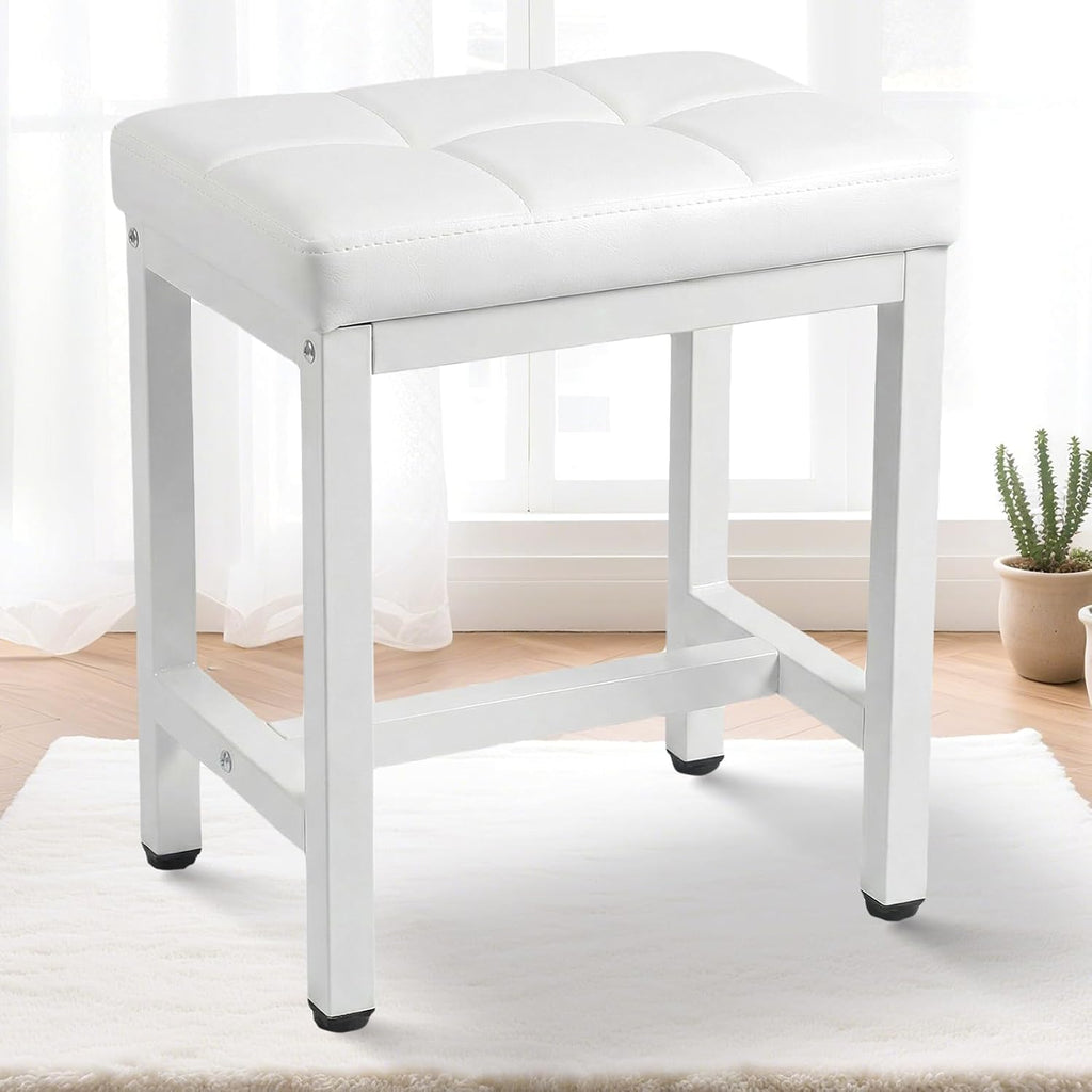 Vanity Stool Chair, Square Faux Leather Makeup Chair with Metal Legs, Cute Small Ottoman Vanity Bench, Foot Stool Chair for Vanity for Bedroom, Living Room, Bathroom, White