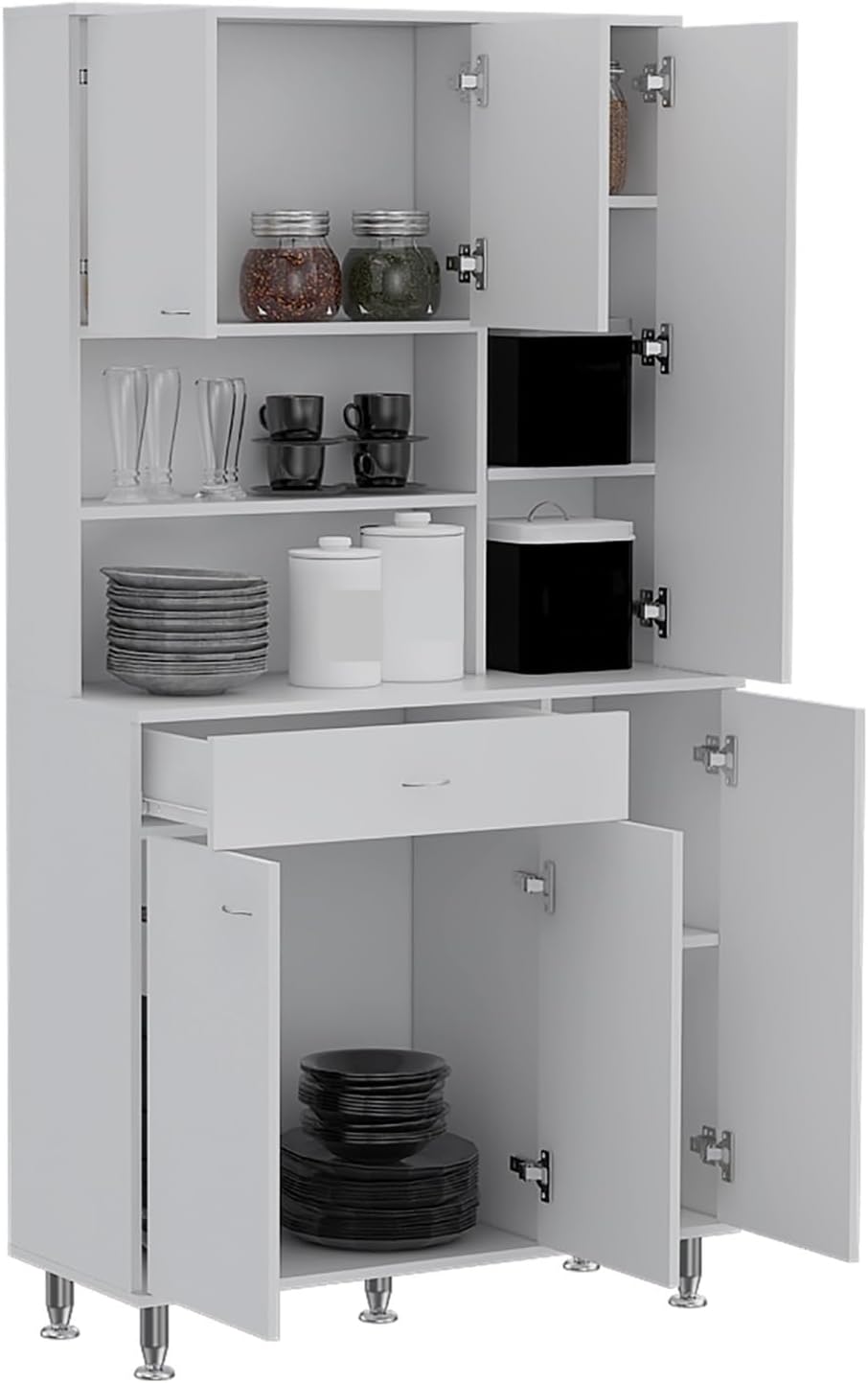 Kitchen Pantry Cabinet, Two Open Shelves, One Drawer, Multiple Cabinets, White,for Kitchen