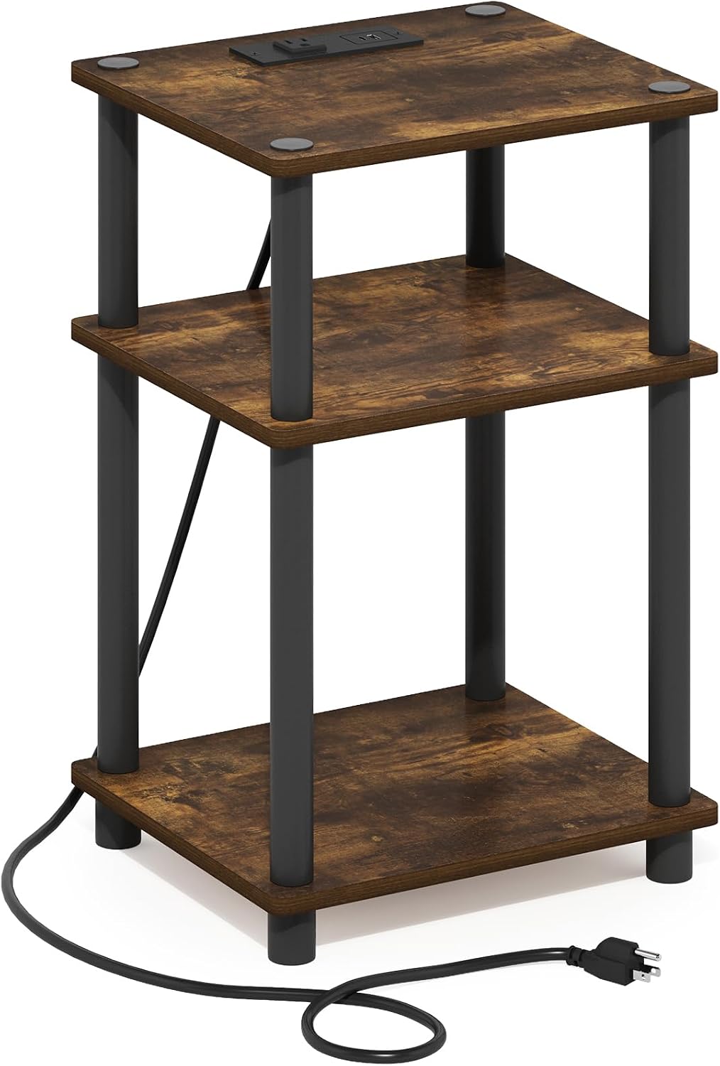 Furinno Just 3-Tier Side Table with Charging Station, Easy Assembly Rustic Brown End Table, Night Stand, Bedside Table with USB and Type-C Charging Port, for Living Room, Bedroom, Amber Oak