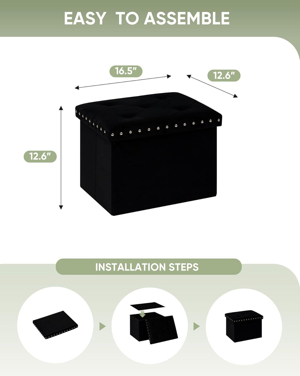 B FSOBEIIALEO Storage Ottoman Cube Folding Tufted Ottomans, Storage Boxes Footrest for Bedroom, Luxury Velvet Fabric 16.5 * 12.6 * 12.6 Inches Black