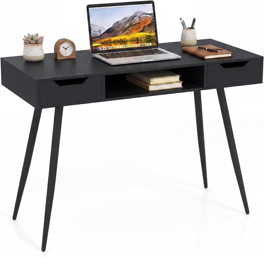 Tangkula Mid Century Modern Computer Desk, Writing Desk with 2 Drawers & Open Center Storage, Small Wooden Study Table for Home Office & Compact Spaces (Black)