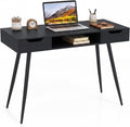 Tangkula Mid Century Modern Computer Desk, Writing Desk with 2 Drawers & Open Center Storage, Small Wooden Study Table for Home Office & Compact Spaces (Black)