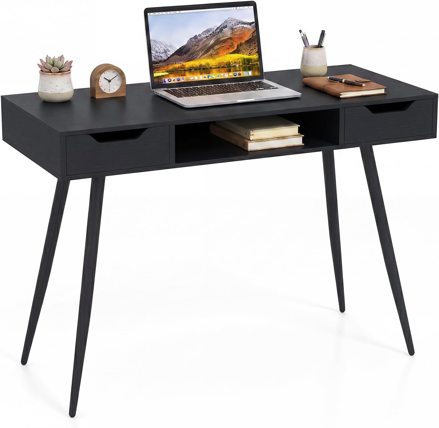 Tangkula Mid Century Modern Computer Desk, Writing Desk with 2 Drawers & Open Center Storage, Small Wooden Study Table for Home Office & Compact Spaces (Black)