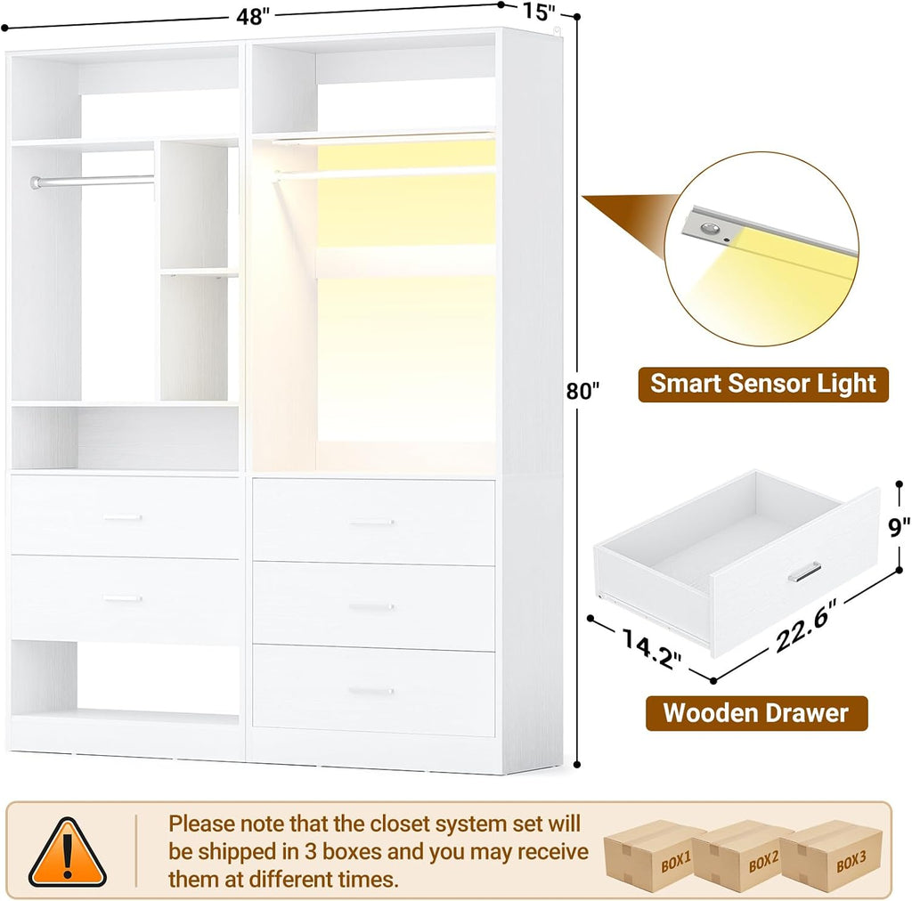 Besiost 4FT Closet Systems with 3CCT Sensor Light, 48 Inch Closet Organizer System with 5 Wood Drawers, 2 Hanging Rods & 7 Shelves, Heavy Duty 48" Walk-in Closet , White (48"L x 15" W x 80" H)