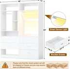 Besiost 4FT Closet Systems with 3CCT Sensor Light, 48 Inch Closet Organizer System with 5 Wood Drawers, 2 Hanging Rods & 7 Shelves, Heavy Duty 48" Walk-in Closet , White (48"L x 15" W x 80" H)