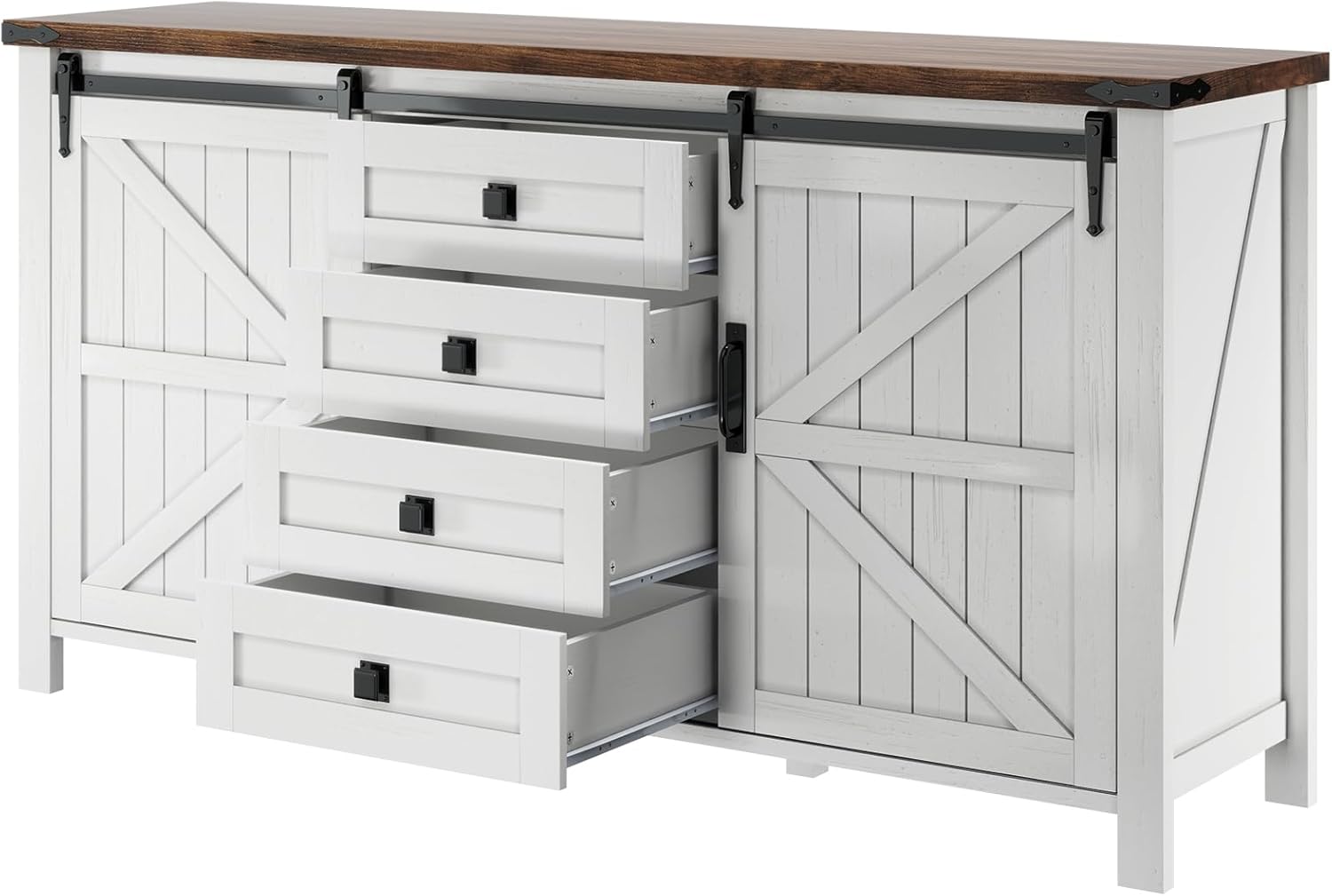 LUXOAK 60" Sideboard Buffet Cabinet with Storage Drawers for Kitchen, Dining Room, Rustic White