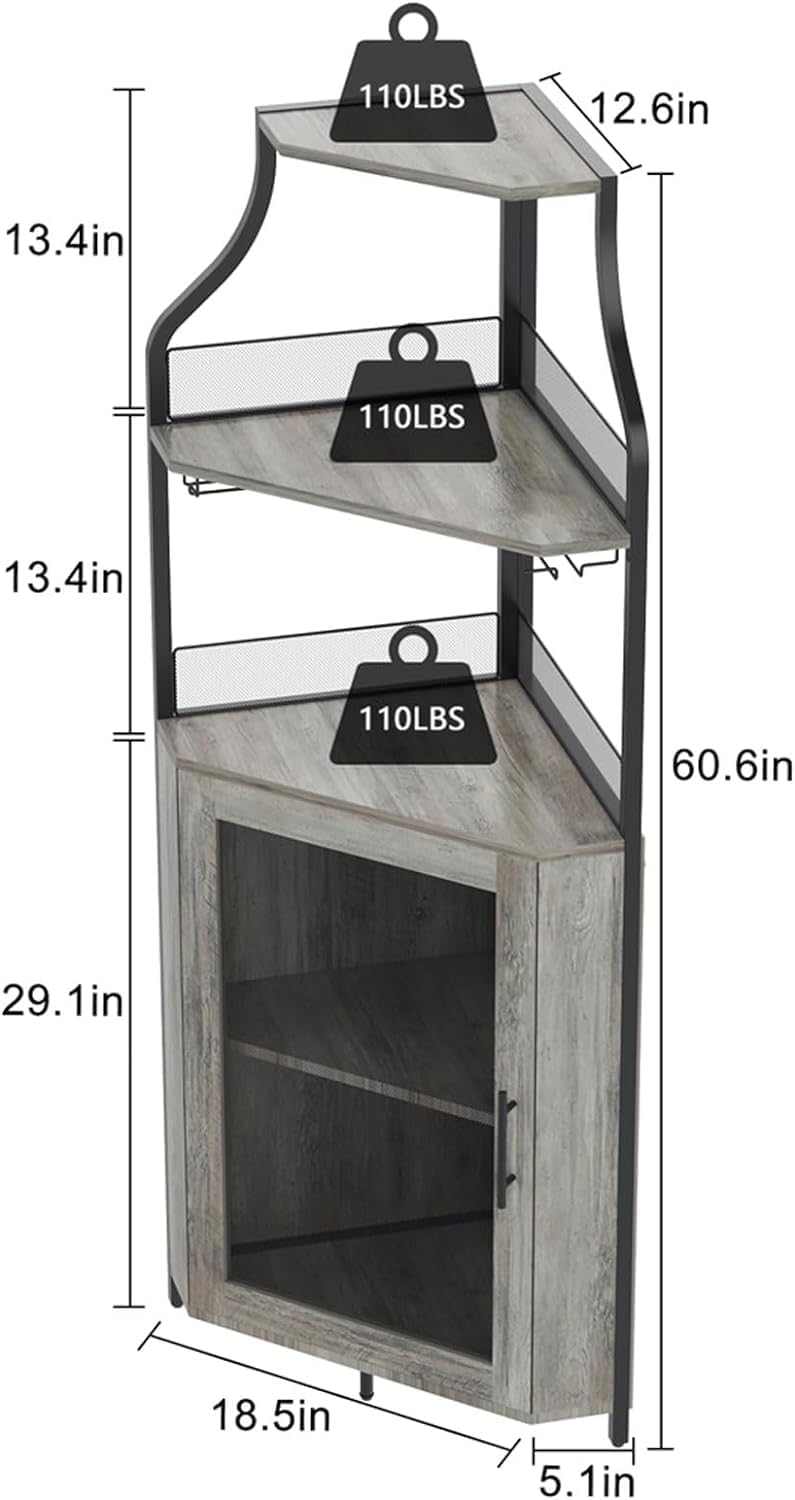 IDEALHOUSE Corner Wine Bar Cabinet with Large Storage Space and Detachable Wine Rack, Bar Cabinet with Glass Holder and Mesh Door, 4-Tier Liquor Cabinet Bar, Grey