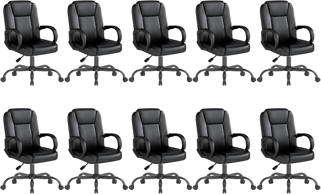Executive Office Chair, Leather Desk Computer Chair with Armrests, Mid-Back Swivel Adjustable Ergonomic Design for Home Office, 10PC, Black
