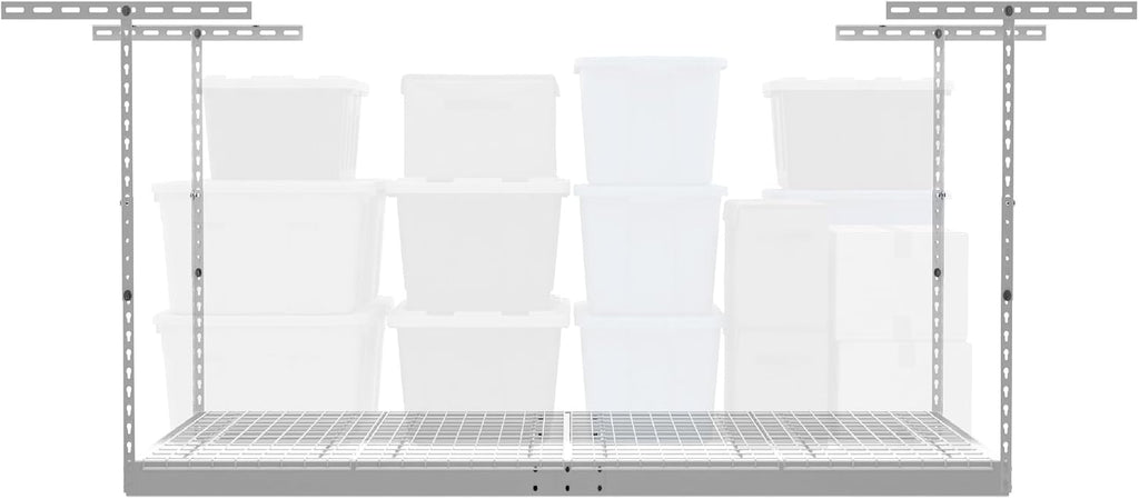 MonsterRax Overhead Garage Storage Racks 4x6, Ceiling Mounted Shelving, Adjustable Hanging Storage Organizer, Heavy Duty Steel, Holds 500 Pounds, Color: White, Adjusts 24"-45” off Ceiling