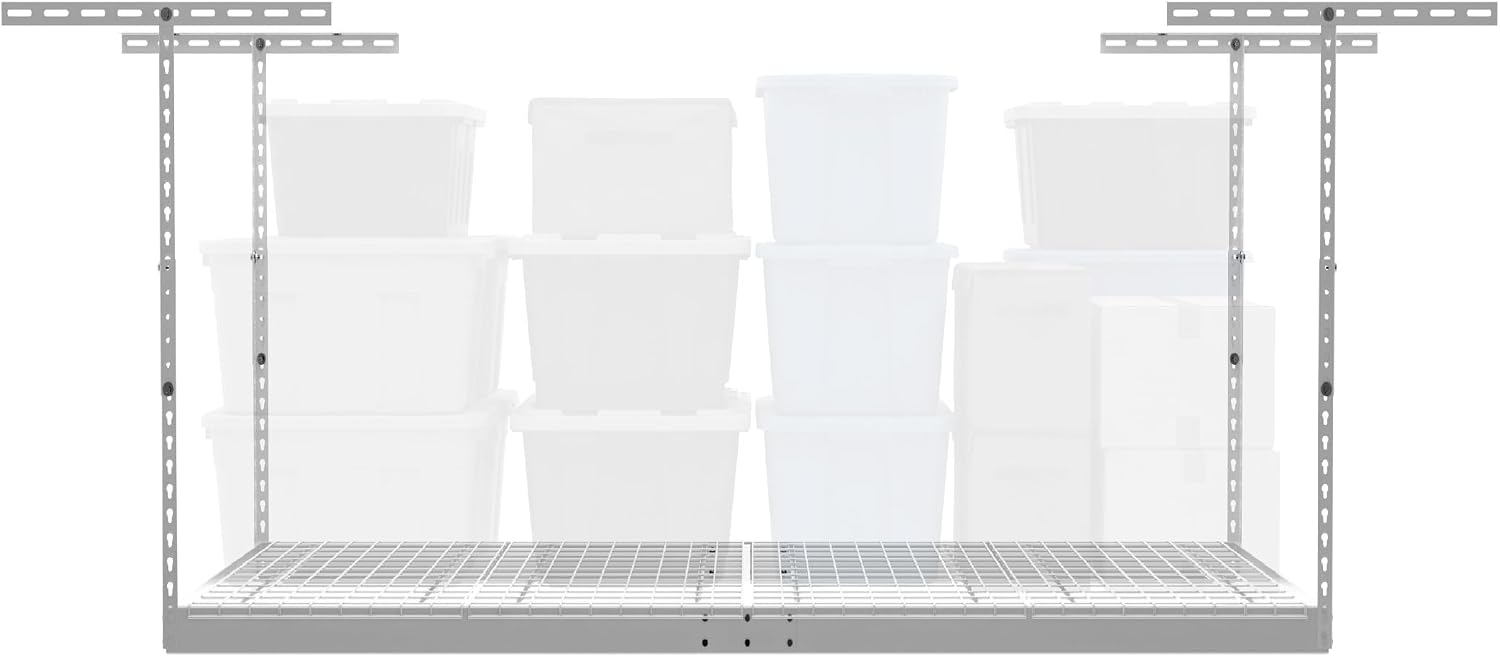 MonsterRax Overhead Garage Storage Racks 4x6, Ceiling Mounted Shelving, Adjustable Hanging Storage Organizer, Heavy Duty Steel, Holds 500 Pounds, Color: White, Adjusts 24"-45” off Ceiling