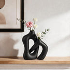Dowan Black Vases for Decor,Hollow Ceramic Vase Set of 2,7.6" Nordic Modern Boho ins Style Decorative Ceramic Aesthetic Flower Vase for Home Decor Modern Minimalist Table, Entryway Centerpieces