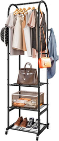 SUOERNUO Rolling Clothes Rack Clothing Rack With 3 Tier Metal Shelves | Clothing racks for hanging clothes With 4 Hooks for Small Space.Garment Rack for Bedroom Laundry room Entrance Hall,Black