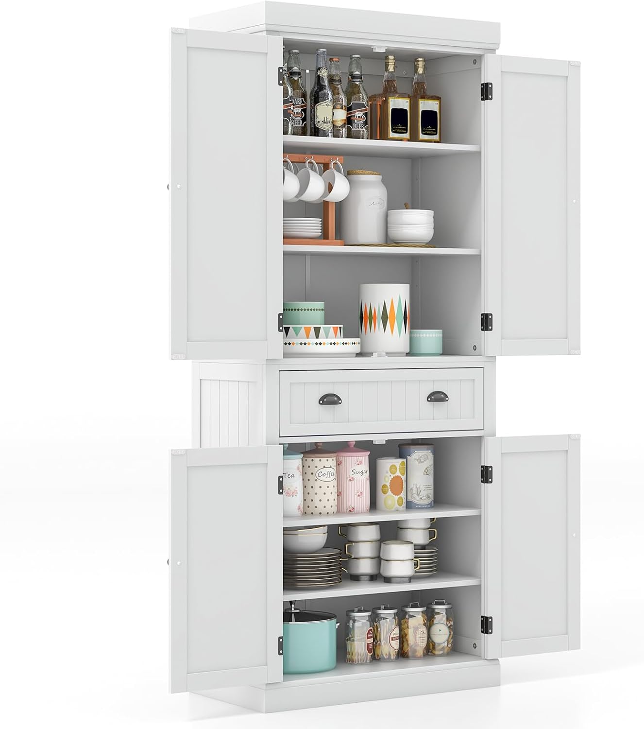 Giantex Pantry Organizers and Storage, 72" Tall Kitchen Cabinet with 2-Door Cabinets & Drawer, Buffet Sideboard w/Adjustable Shelves, Wooden Freestanding Cupboard for Dining Room Living Room (White)