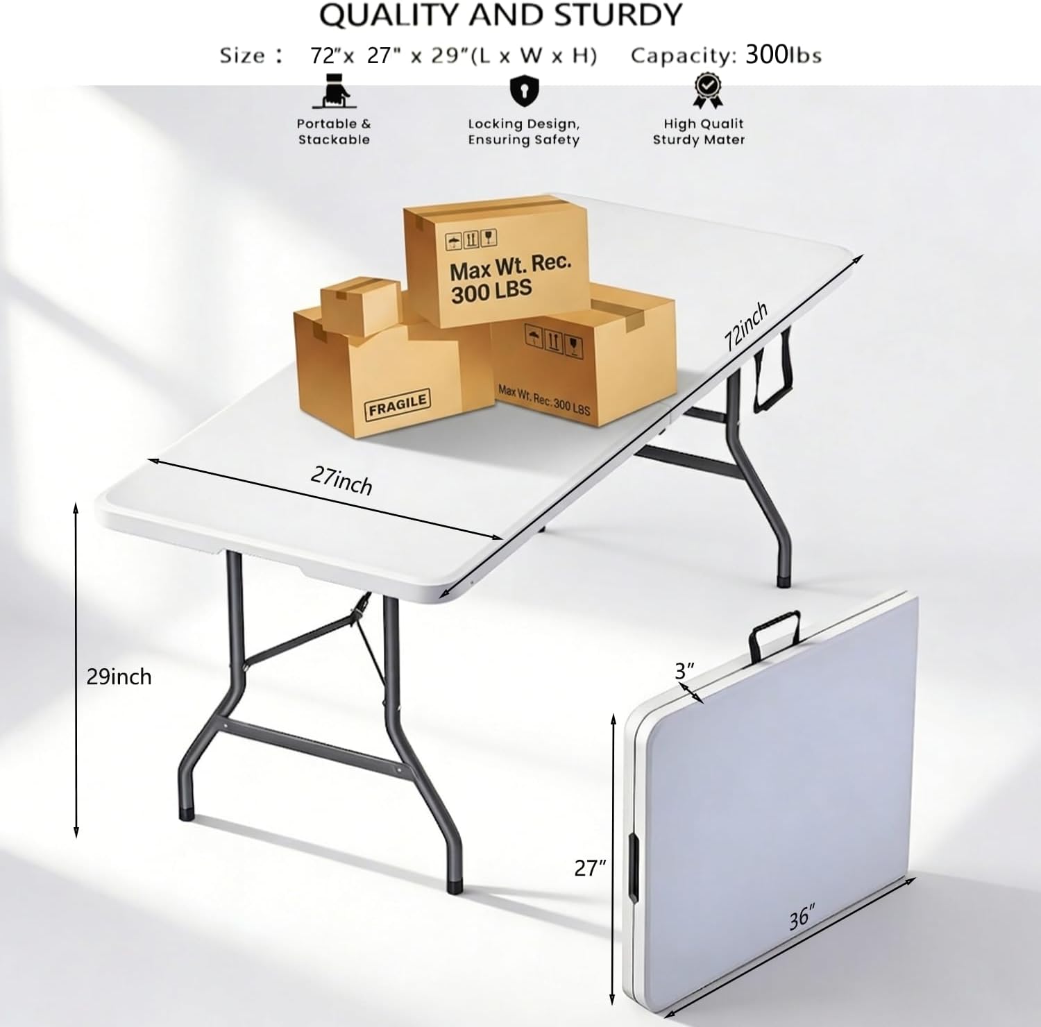 6FT Heavy Duty Folding Table, Portable Plastic Utility Table with Locking Legs & Handle, Indoor Outdoor Commercial Table for Watch Party, Tailgate, BBQ, Camping, Events, Backyard Dining White
