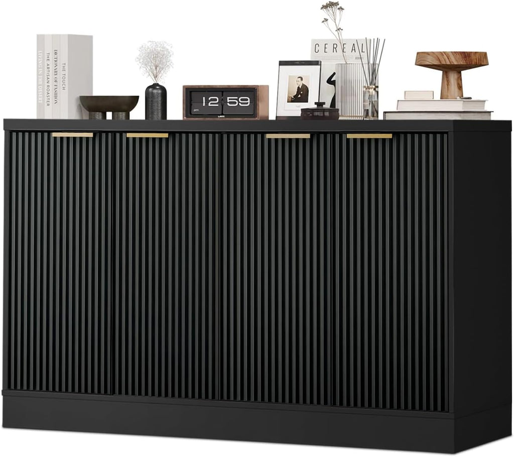 55" Fluted Buffet Sideboard Cabinet, Modern Accent Credenza Table | Adjustable Shelves, CARB P2 Certified Wood Console Cabinet for Kitchen, Dining Room, Living Room, Entryway