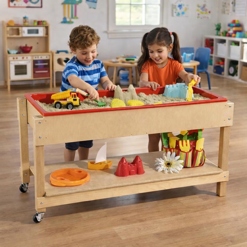 Wood Designs Sand and Water Sensory Play Table, Drainable Plastic Tub with Lid, Sturdy Birch Plywood Built for Kids, Daycare, Classroom 46" W x 17" D