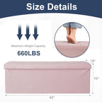 DUMOS 43in Foldable Storage Ottoman Bench, Storage Chest, Large End of Bed Foot Rest Stool with Padded Seat, Bedroom Bench for Living Room, Support 660lbs, Pink
