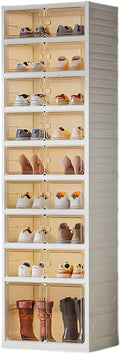 UFORU 9 Tiers 18 Pairs White Foldable Shoe Rack Organizer with Magnetic Doors,Shoe Storage Organizer for Closet Entryway,Large Dust-Proof Shoe Storage Boxes,Easy Assembly Storage