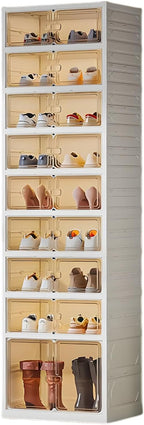 UFORU 9 Tiers 18 Pairs White Foldable Shoe Rack Organizer with Magnetic Doors,Shoe Storage Organizer for Closet Entryway,Large Dust-Proof Shoe Storage Boxes,Easy Assembly Storage