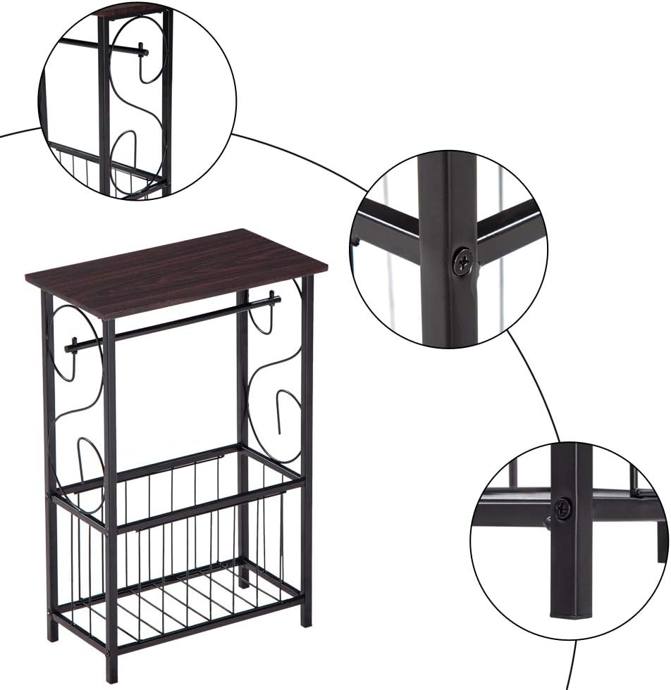 Stylish Bathroom Side Table with Tissue Holder and Magazine Rack – Modern Metal Frame with Faux Wood Top for Small Spaces