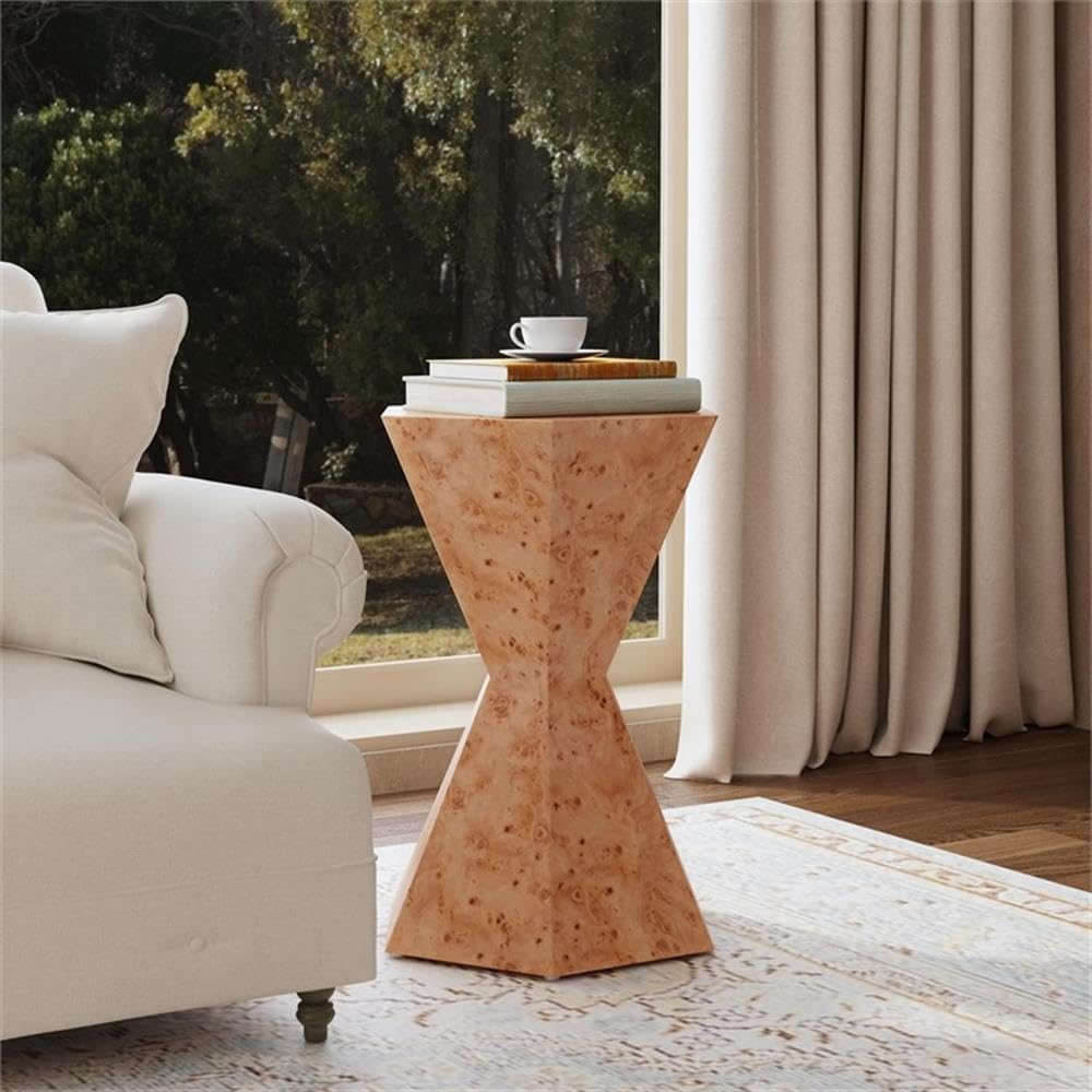 Beaumont Lane Hexagon Modern Wood Side Table, Mappa Burl Veneer, Medium Brown Finish, 20" W x 20" D x 28.5" H, Drum Shape Design, Fully Assembled End Table for Living Room, Office, or Bedroom Use