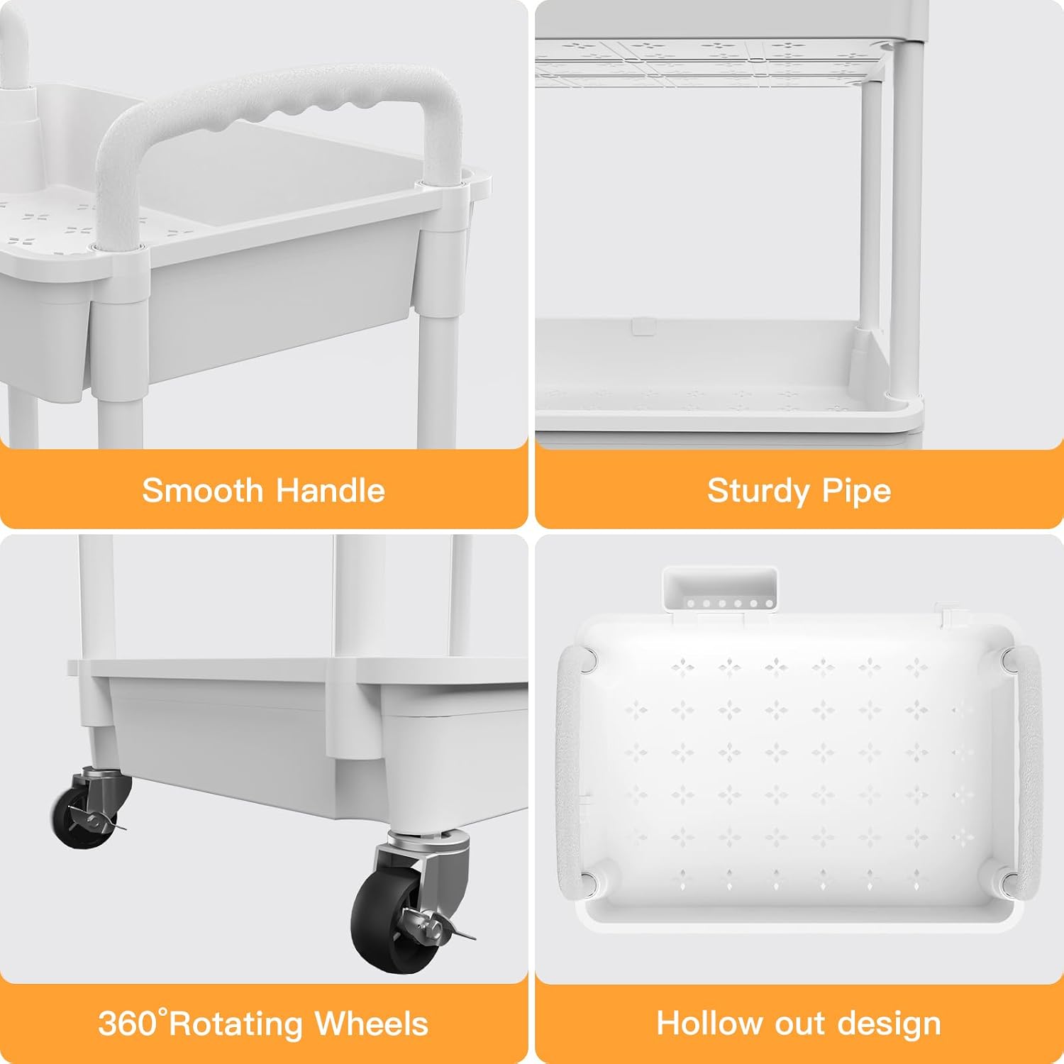 4 Tier Rolling Utility Cart with Handle,REBECAT Utility Cart Made of Multifunctional Storage Organizer Tool for Kitchen,Bathroom,Living Room,Office(White)
