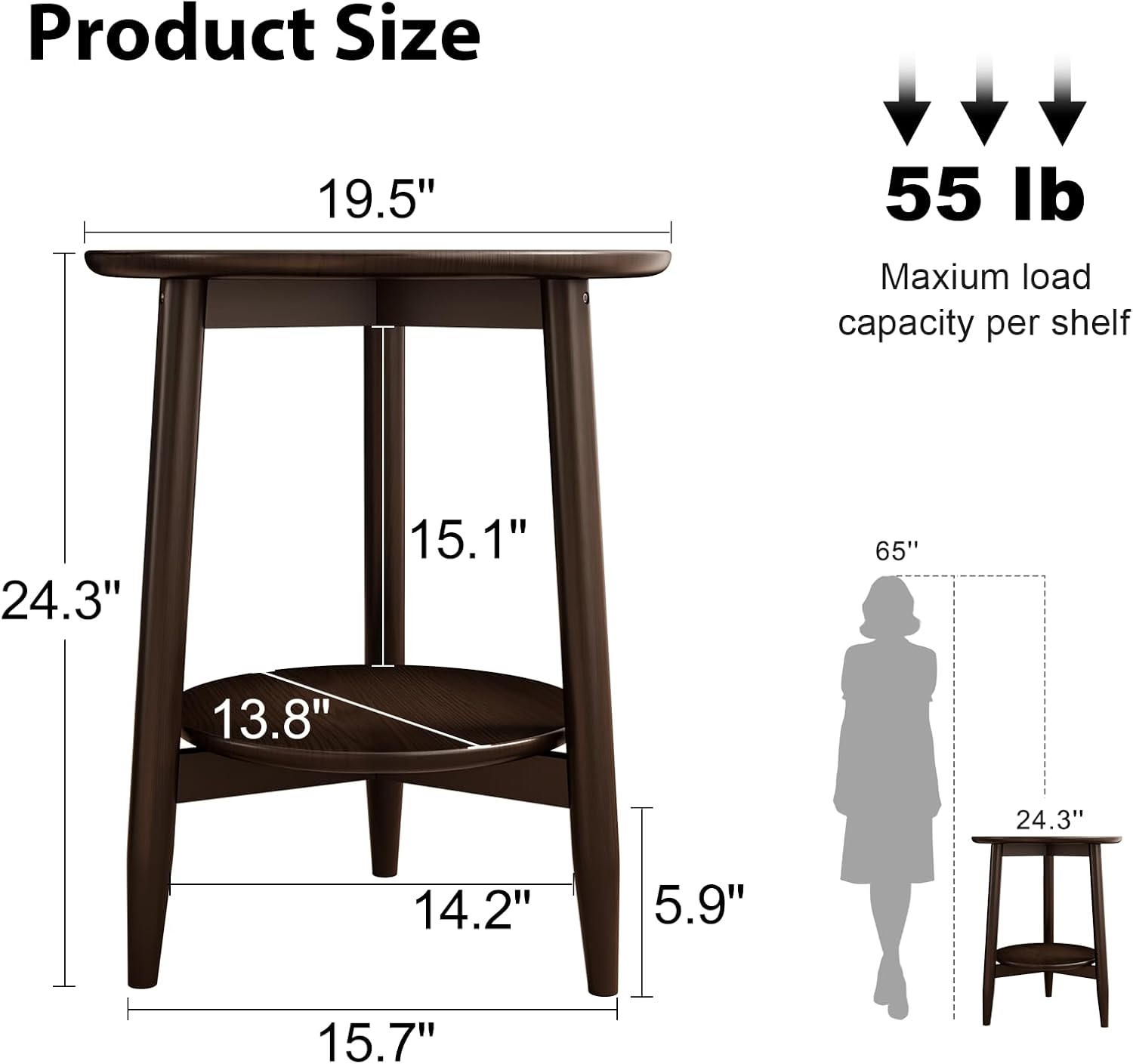 Round End Table,Solid Wood Small Round Table with Lower Shelf,Round Side Table,Nightstand for Small Spaces,Living Room,Bedroom(Walnut)