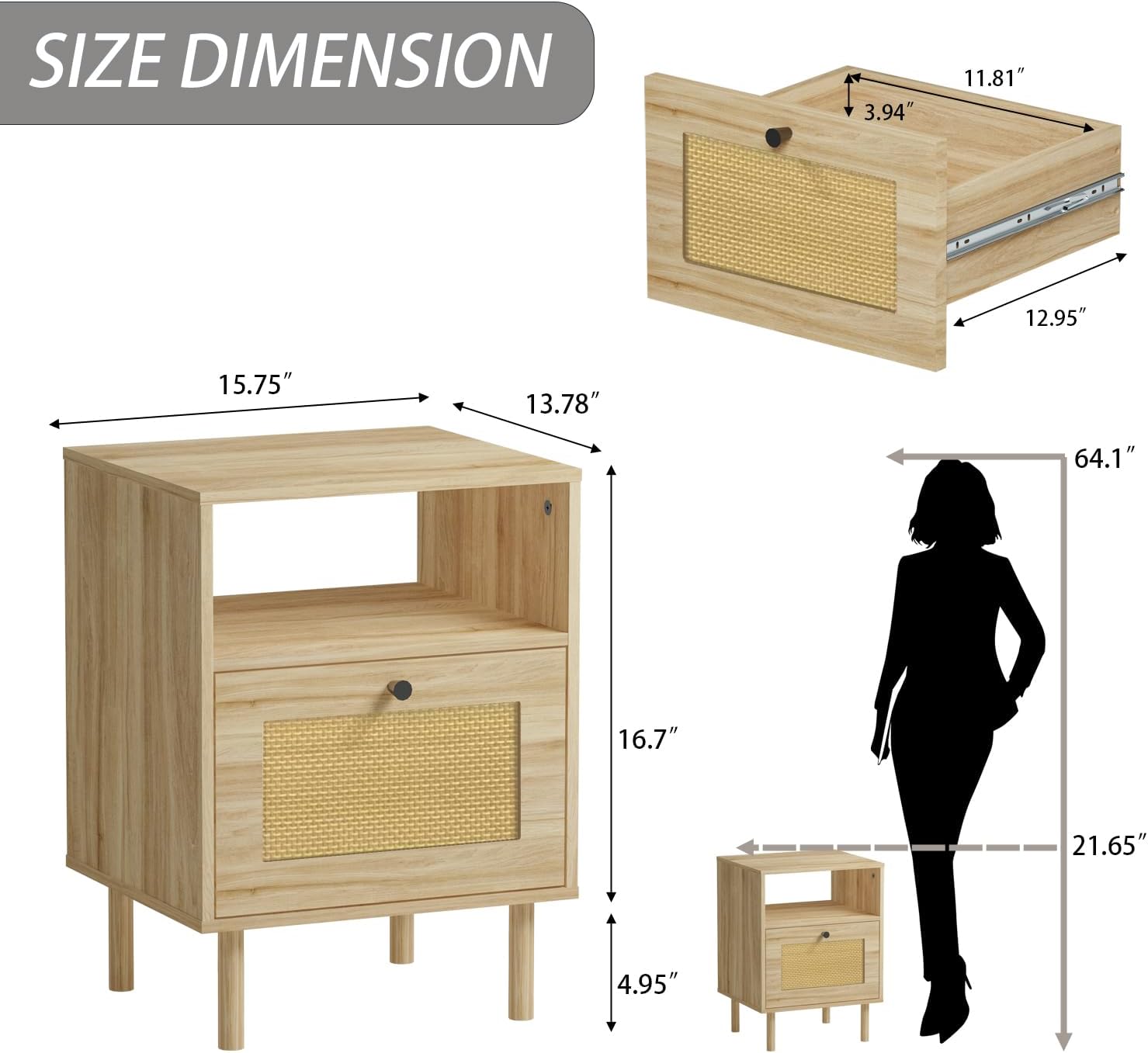Rattan Night Stand with Drawers, Rattan Natural Oak Night Stand, Boho Nightstand, End Table with Drawer and Storage, Farmhouse Night Stands, Wooden Nightstand for Bedroom, Living Room,Office