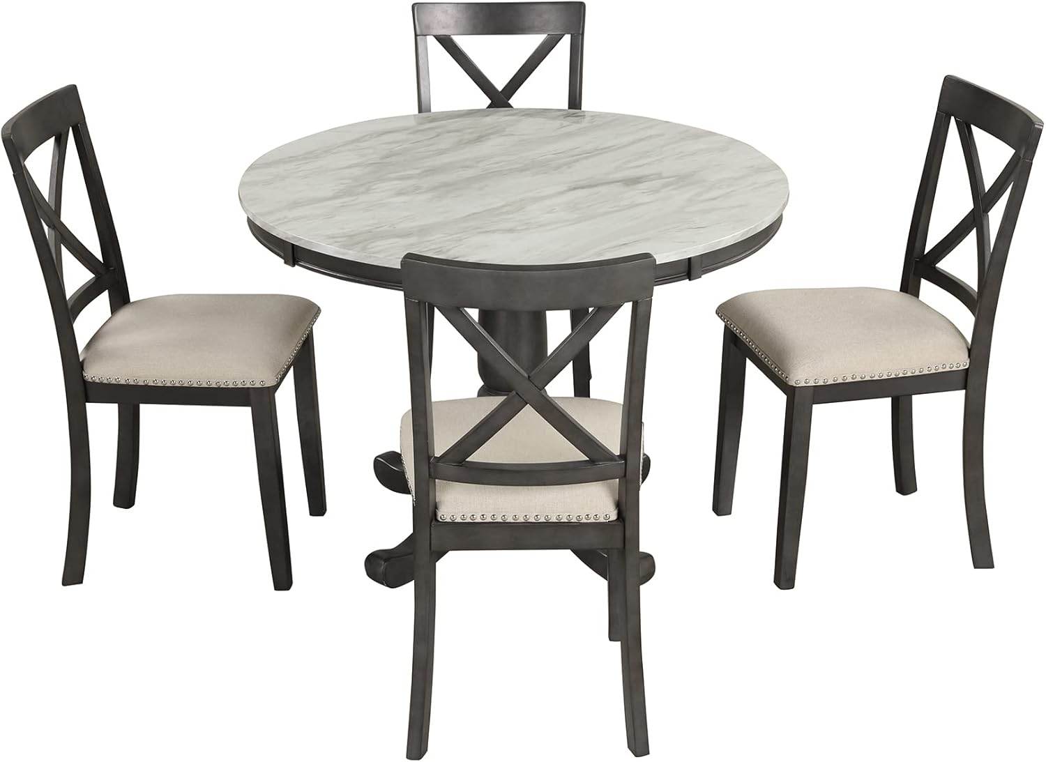 Merax 5 Piece Dining Table Set for 4, Solid Wood Kitchen Table Set with 4 Upholstered Chairs for Kitchen, Dining Room, Living Room, Grey