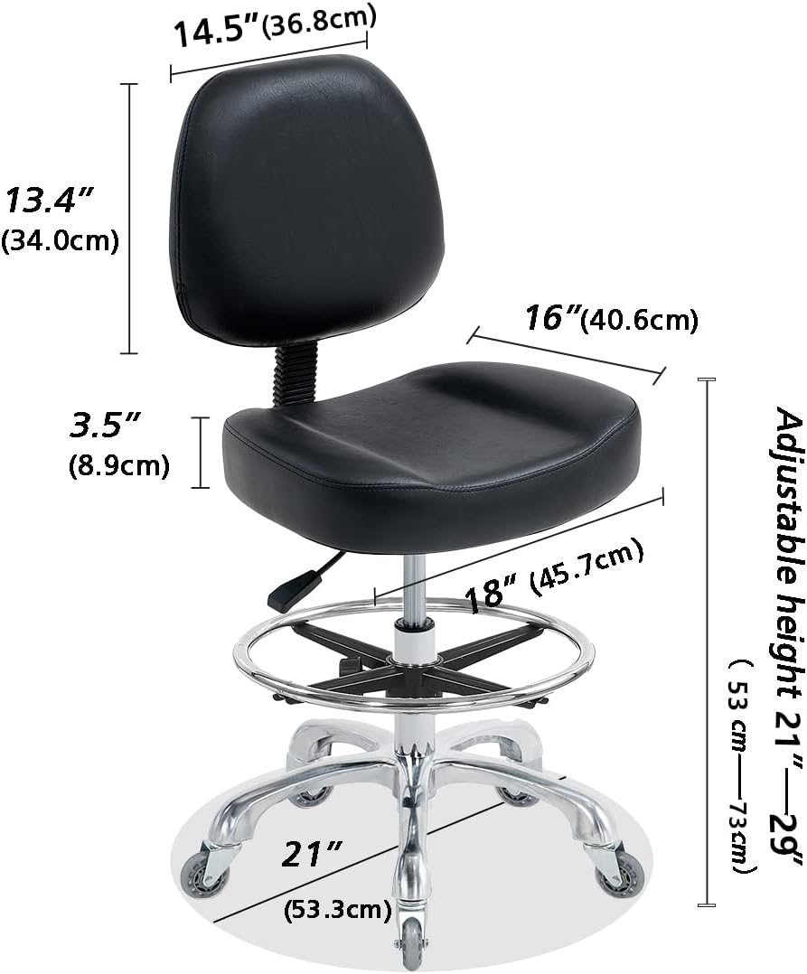 Ainilaily Drafting Chair Tall Office Chair for Standing Desk - Shop Stool with Backrest, Esthetician Drafting Stool with Wheels,Counter Height Chair for Studio, Workbench (Black, with Foot Rest)
