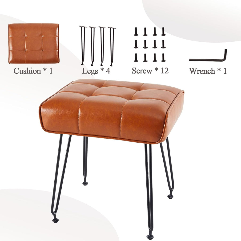 EBENCHICO PU Leather Vanity Stools, Vanity Stool Chairs for Makeup Faux Leather Foot Stools Ottoman with Metal Leg Make up Chairs for Vanity Small Bench Seat for Living Room Bedroom (Whiskey Brown)