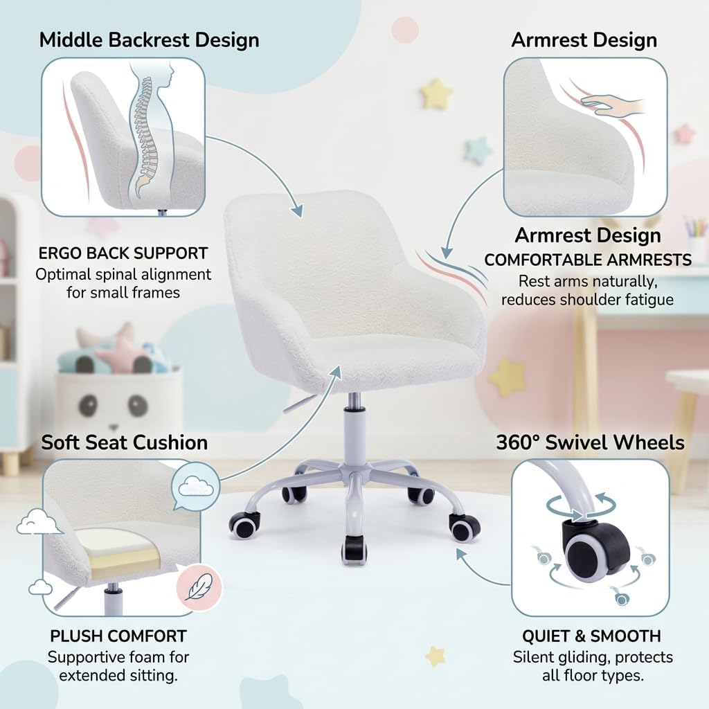 Ya-Home Kids Desk Chair Faux Fur Upholstered Swivel Reading Chair, Cute Adjustable Study Chair with White Wheels for Reading Room Bedroom, White