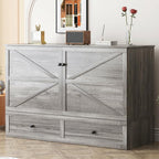 Mjkone Queen Size Cabinet Murphy Bed with Tri-Folding Foam Mattress, Farmhouse Chest Cabinet Wall Beds with USB Charging Station and 2 Storage Drawers for Bedroom Office Guest Room, Gray