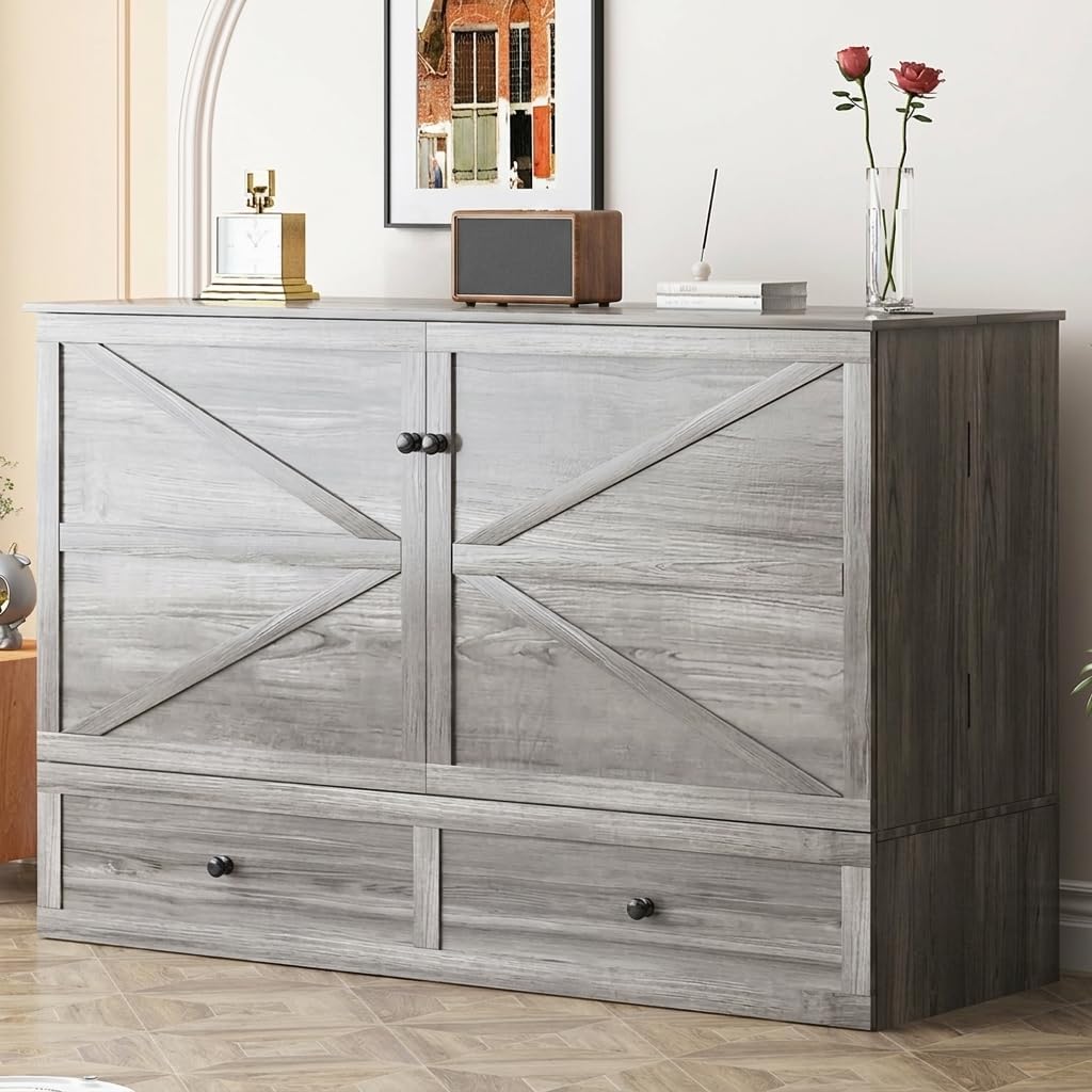 BALUS Full Murphy Bed with Mattress, Cabinet Murphy Bed with Mattress & USB Charging Station & Large Storage Drawers, Wooden Full Cabinets Beds, Murphy Chest Bed for Apartment/Bedroom,Dark Grey