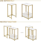 Nesting End Tables Set of 2, Stacking Side Table with Fabric Storage Basket, Small Nightstand for Small Space, Living Room, Bedroom, White Marble & Gold