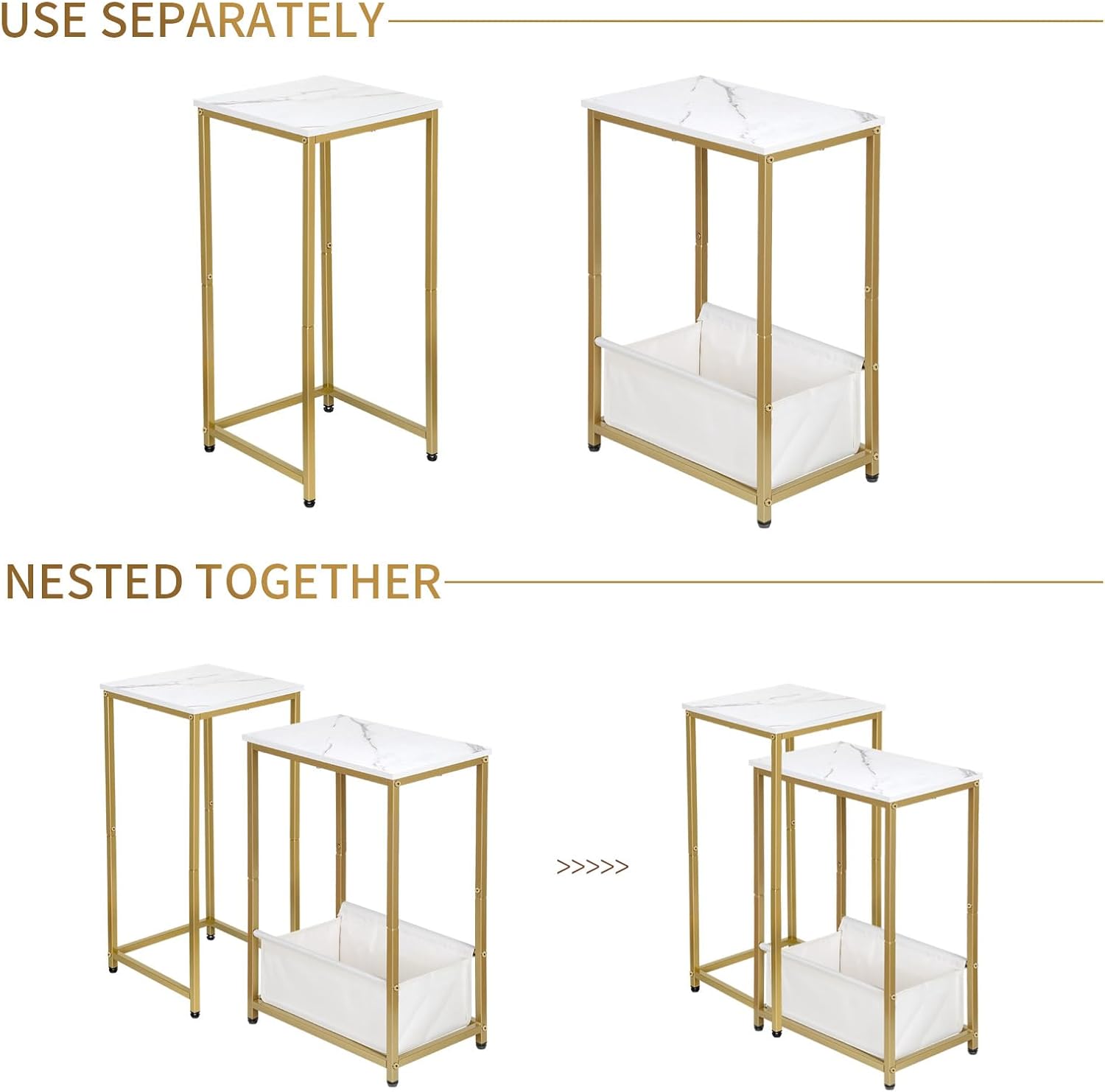 Nesting End Tables Set of 2, Stacking Side Table with Fabric Storage Basket, Small Nightstand for Small Space, Living Room, Bedroom, White Marble & Gold