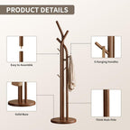 Solid Wood Coat Rack Freestanding Wood Coat Tree Rack with 9 Hooks, Creative Tree-Shaped Design, Standing Coat Rack Clothes Hanger Stand with Sturdy Base for Entryway, Bedroom - Load 300lb (Walnut)