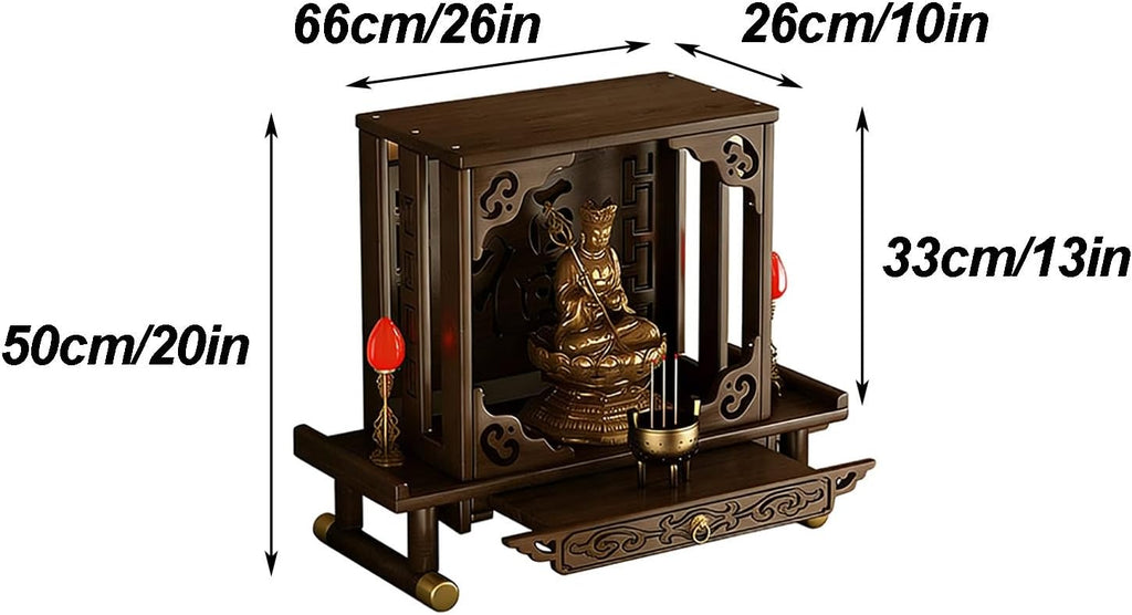 Small Altar Table Solid Wood, Pooja Meditation Table with Telescopic Pull-Out Storage Board, Butsudan, Buddhist Altar Shelf Countertop Type(66x26x50 cm/26x10x20 in)