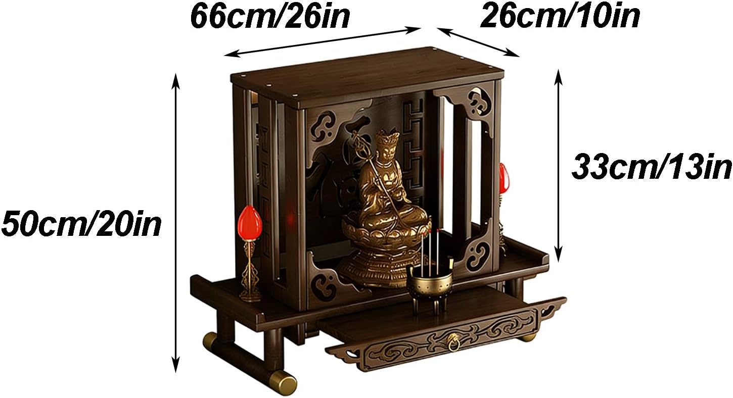 Small Altar Table Solid Wood, Pooja Meditation Table with Telescopic Pull-Out Storage Board, Butsudan, Buddhist Altar Shelf Countertop Type(66x26x50 cm/26x10x20 in)