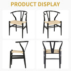 Wishbone Chair Natural Solid Wood Dining Chair/Hans Wegner Y Chair Rattan and Wood Accent Armrest Chairs - Ash Wood Chairs Set of 1 (Ash Wood - Black + Natural Color)
