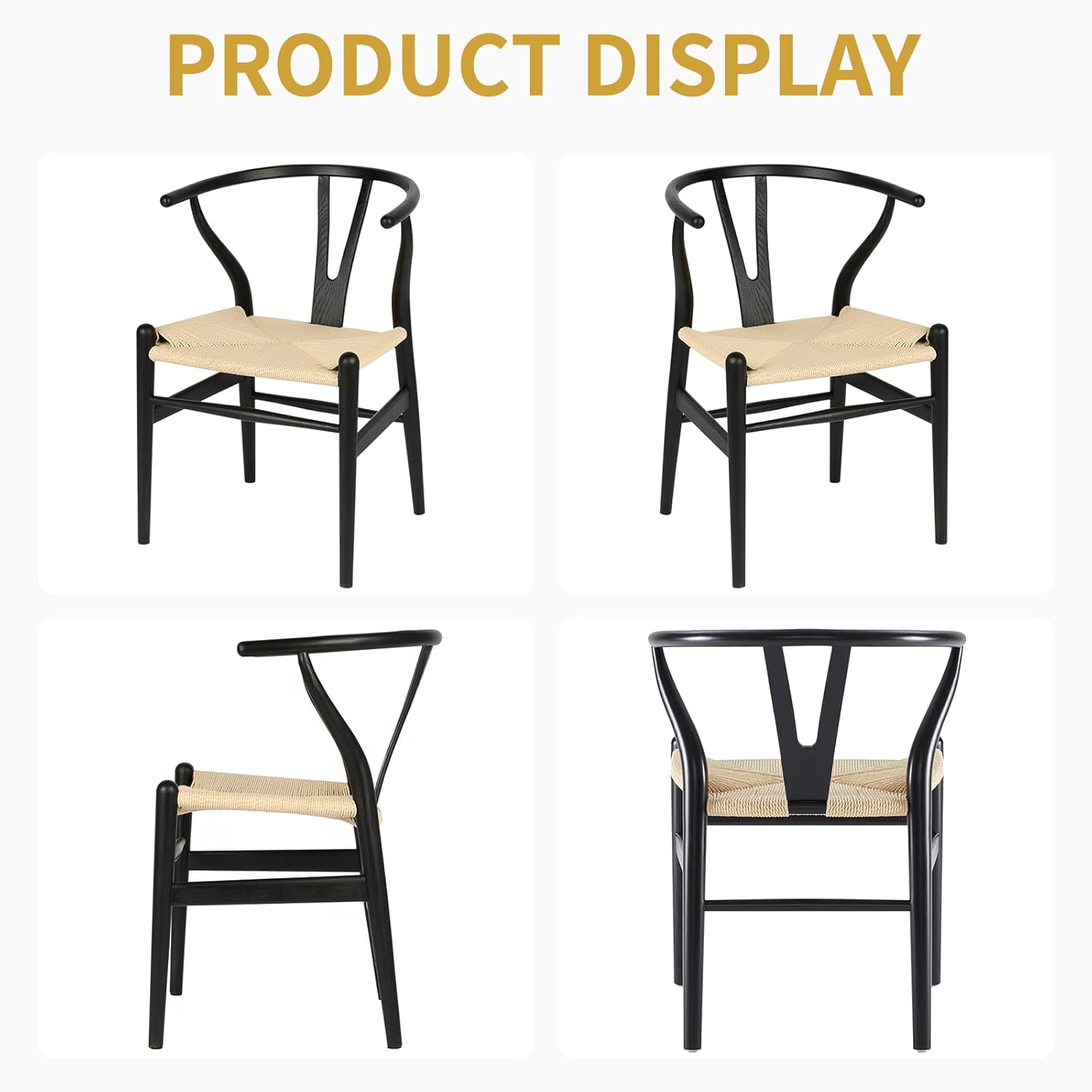 Wishbone Chair Natural Solid Wood Dining Chair/Hans Wegner Y Chair Rattan and Wood Accent Armrest Chairs - Ash Wood Chairs Set of 1 (Ash Wood - Black + Natural Color)