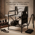 VINGLI 22" Director's Chair for Makeup Artist, Foldable Makeup Chair with Retractable Side Table & Footrest, Robust Iron Steel Frame, Supports 300 lbs, for Studio, Black & Gray