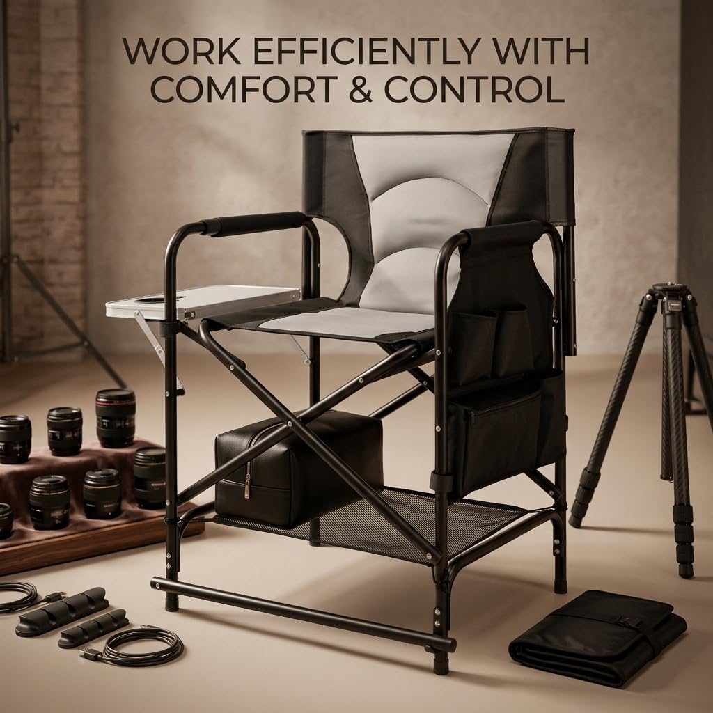 VINGLI 22" Director's Chair for Makeup Artist, Foldable Makeup Chair with Retractable Side Table & Footrest, Robust Iron Steel Frame, Supports 300 lbs, for Studio, Black & Gray