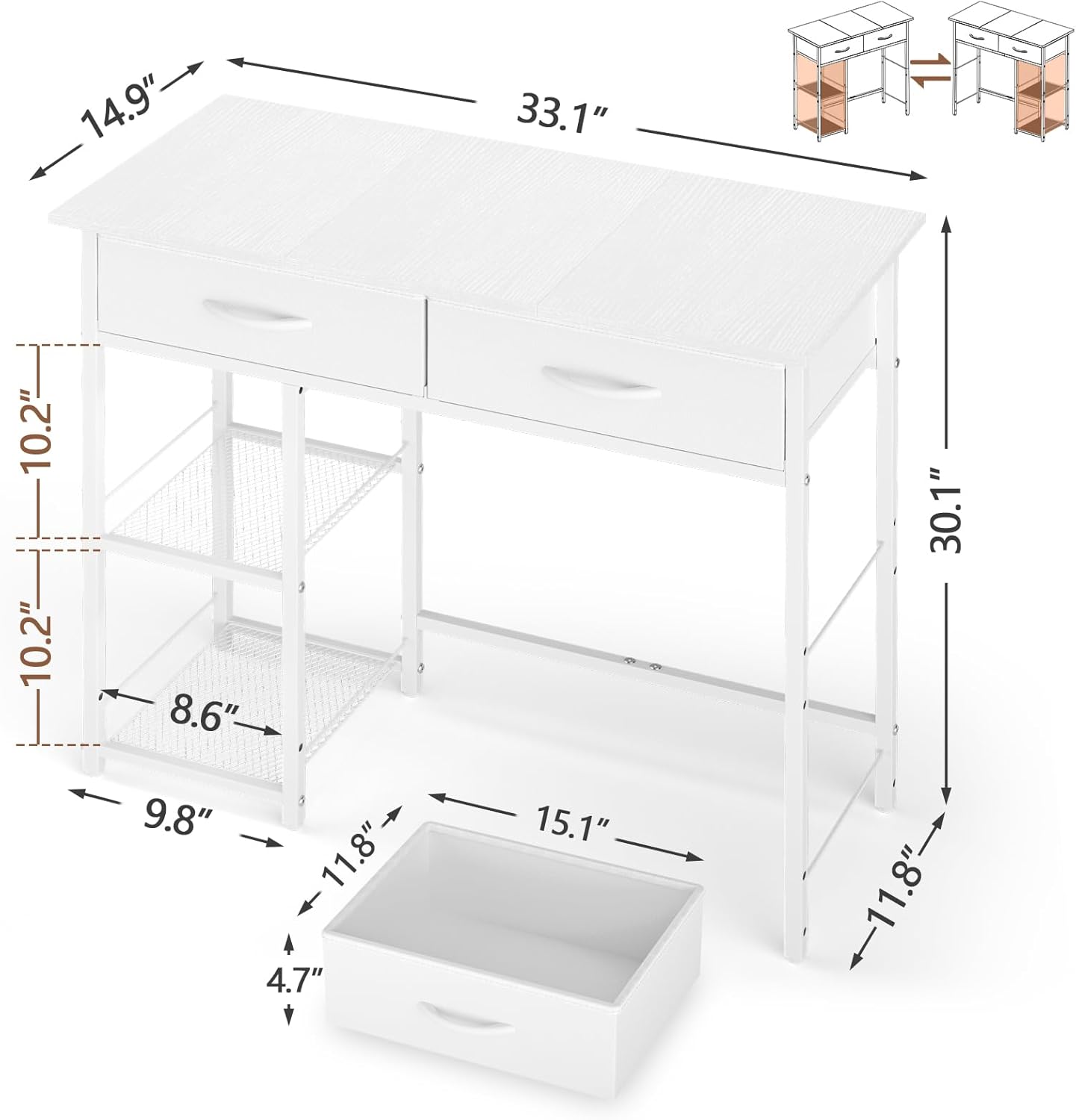 ThreeHio Small Writing Desk with 2 Drawers, White Computer Desk with Storage Shelf, Home Kids Study Table for Small Spaces, Simple Desk for Bedroom, Home Office, Living Room, Dorm, Vanity Desk, White