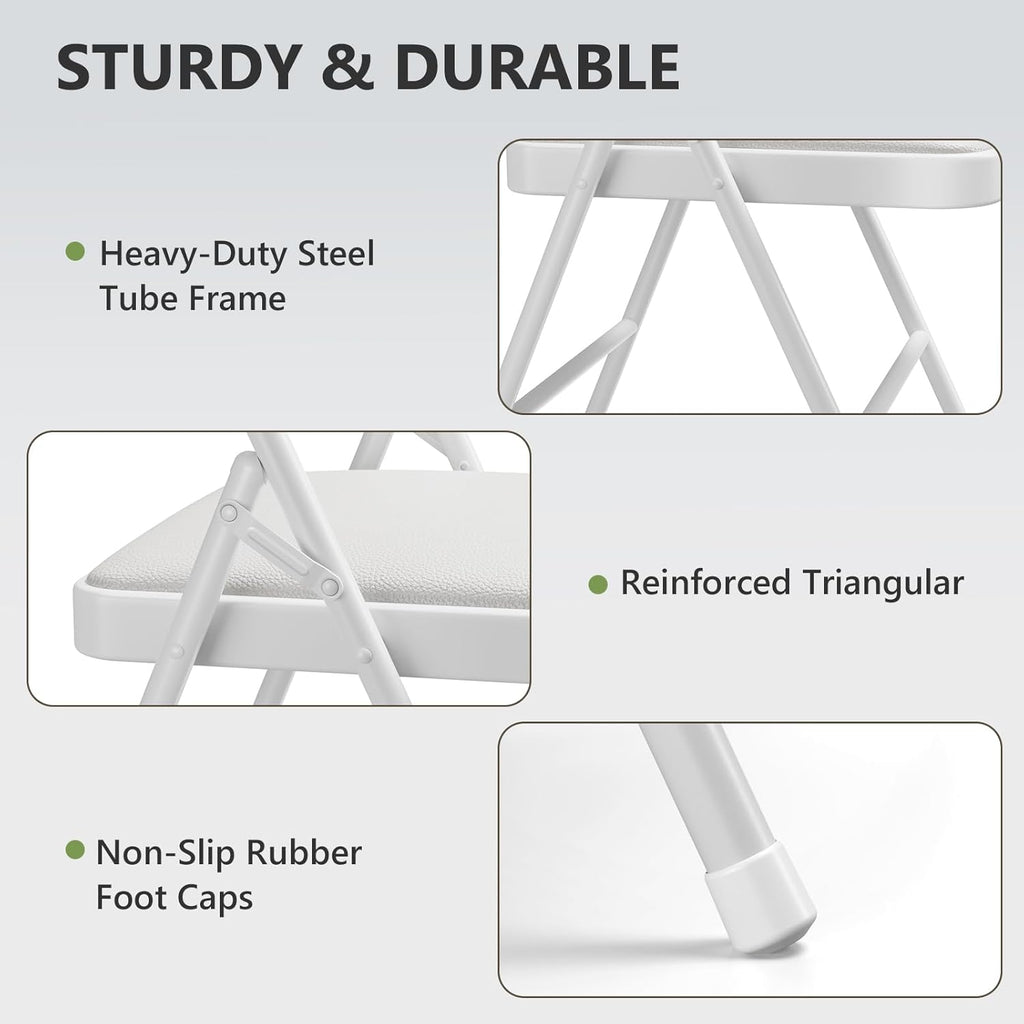 Padded Folding Chairs 2 Pack, PU Leather Folding Chairs for Outside and Indoor, Heavy Duty Portable Foldable Metal Chairs for Home Office, Dorm, Party, Backyard, Patio, White