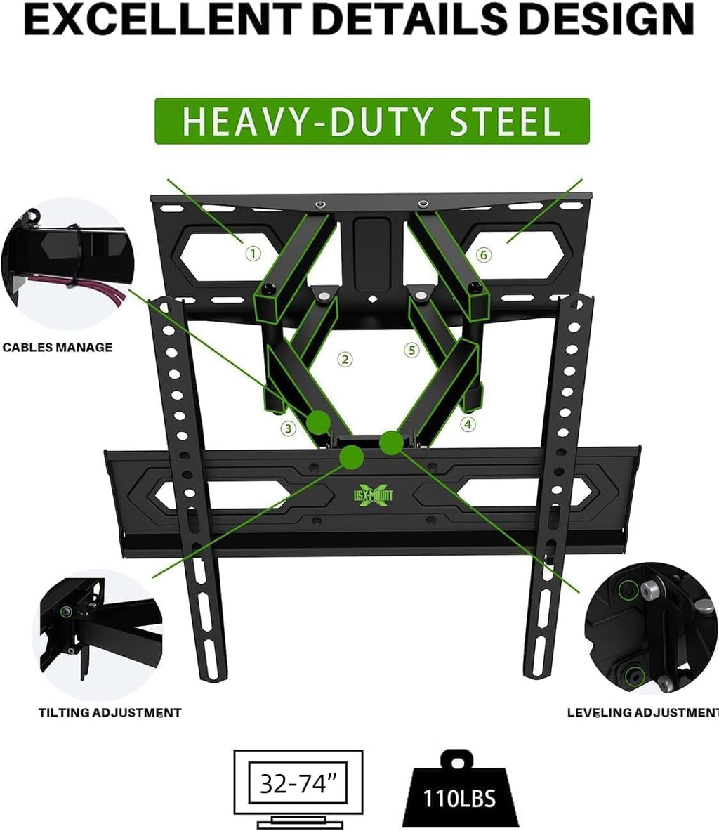 USX MOUNT TV Wall Mount for 32-74 inch Flat Screen/LED/4K up to 110lbs, Full Motion TV Mount Bracket with Swivel & Tilt Articulating Dual Arms, Max VESA 400x400mm, Fits 12/16" Wood Studs