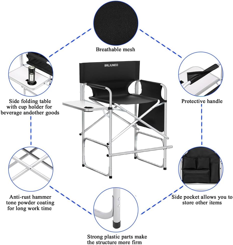Tall Makeup Chair, Foldable Director Chairs, Portable Makeup Artist Chair w/Side Table Cup Holder Storage Bag and Footrest, 400LBS Load Capacity, Black, 41''