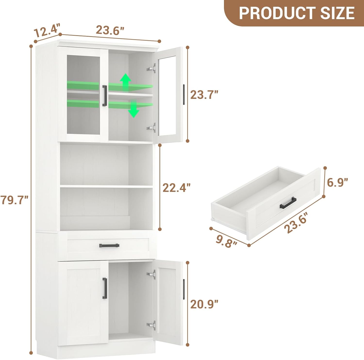 Unikito 79.7" Tall Kitchen Pantry Storage Cabinet, Freestanding Kitchen Hutch Cabinet with Glass Door, Adjustable Shelves and Drawer, Display Bookcase for Living Room, Dining Room, Bathroom, White
