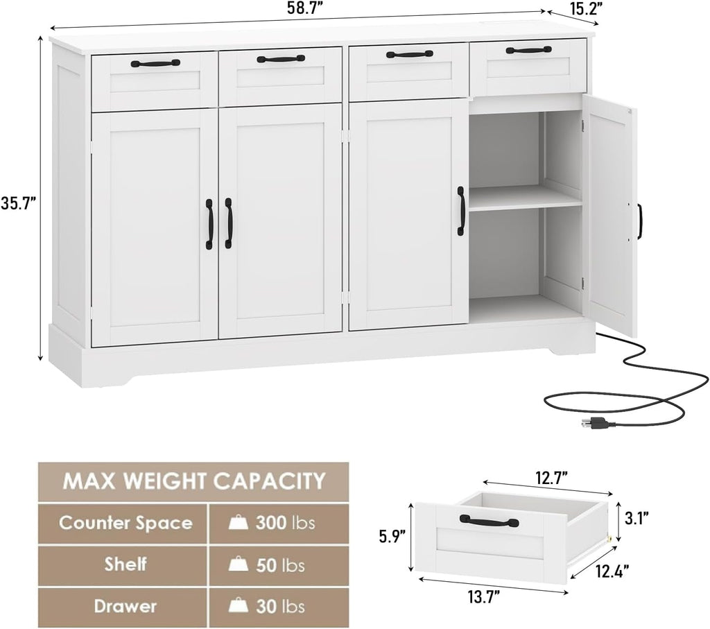 58.7 Inch Sideboard Buffet Cabinet, White Storage Credenza with Charging Station, 4 Drawers & 4 Doors Coffee Bar Cabinet, Modern Console Cabinet for Kitchen Living Room Hallway